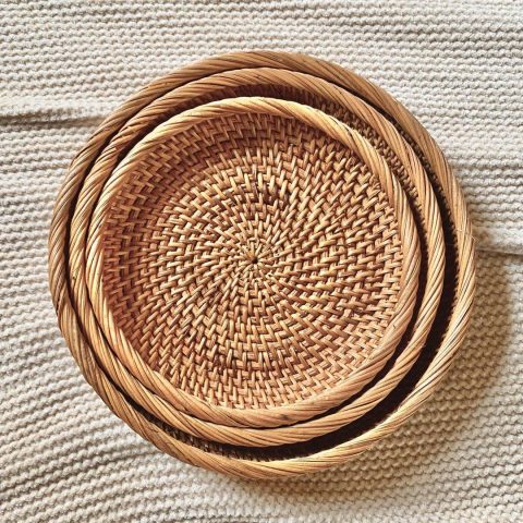 Rattan round trays set of 3 bed stacked