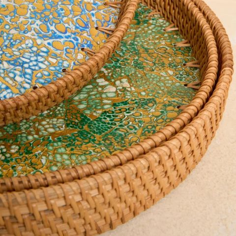 Eggshell Rattan Tray Set 2 W