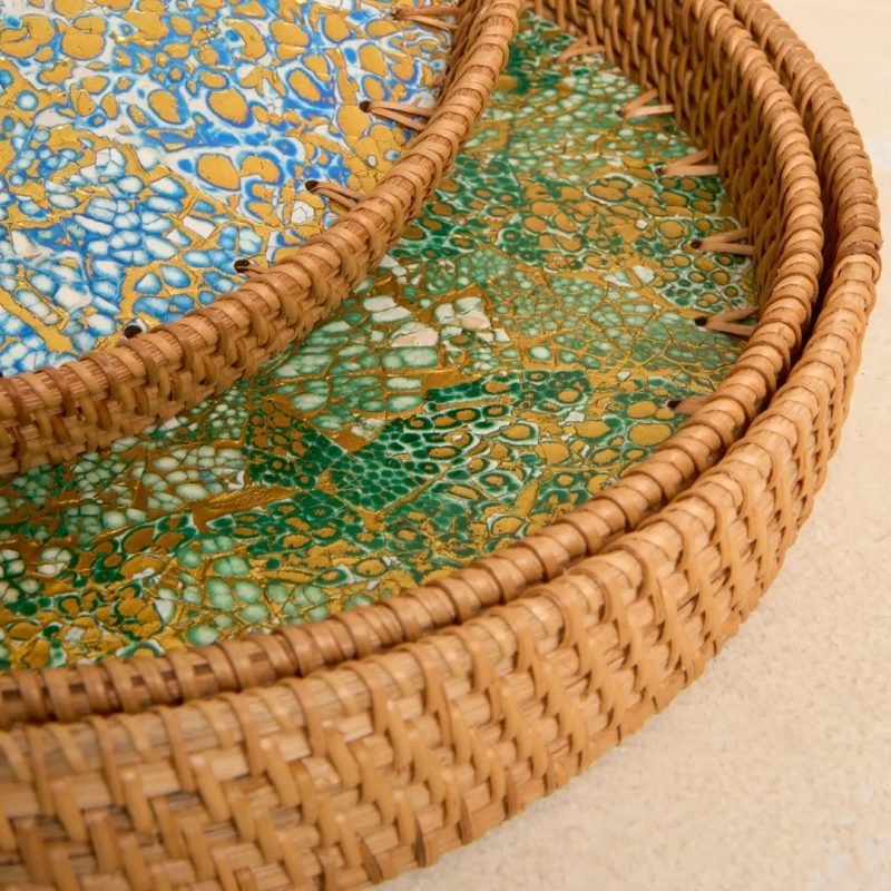 Eggshell Rattan Tray Set 2 W