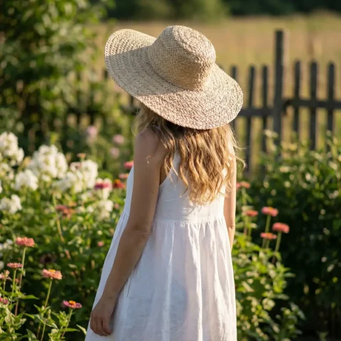 raffia sun hat on model back W