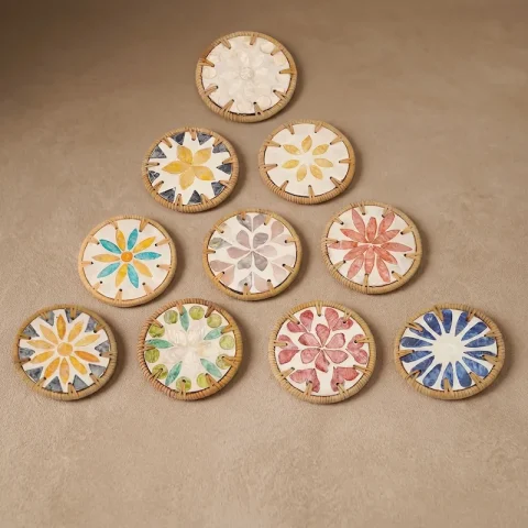 Seashell Inlay Coasters wirh Rattan Rim 1 W
