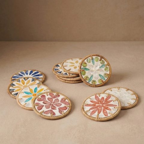 Seashell Inlay Coasters wirh Rattan Rim 2 W
