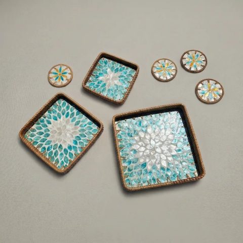 Turquoise Leaf Mother of Pearl Square Tray and Coaster Set