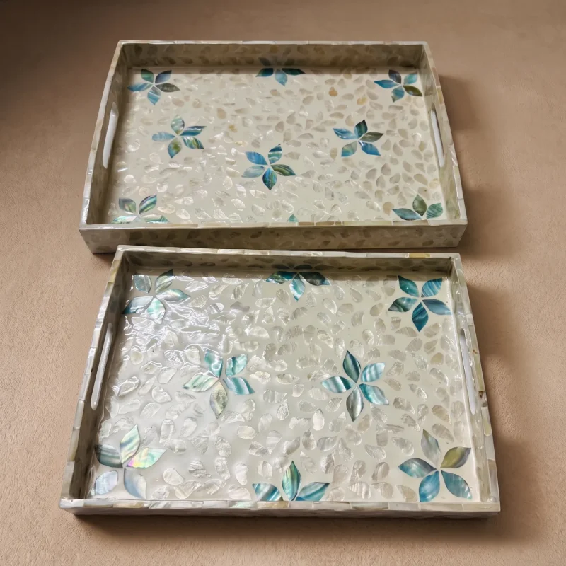 mother of pearl rectangle tray aqua blossom