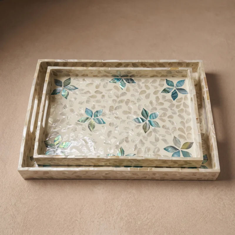 mother of pearl rectangle tray aqua blossom nested