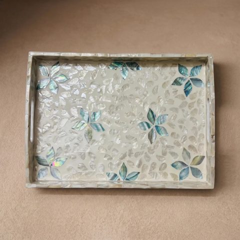 mother of pearl rectangle tray aqua blossom overhead