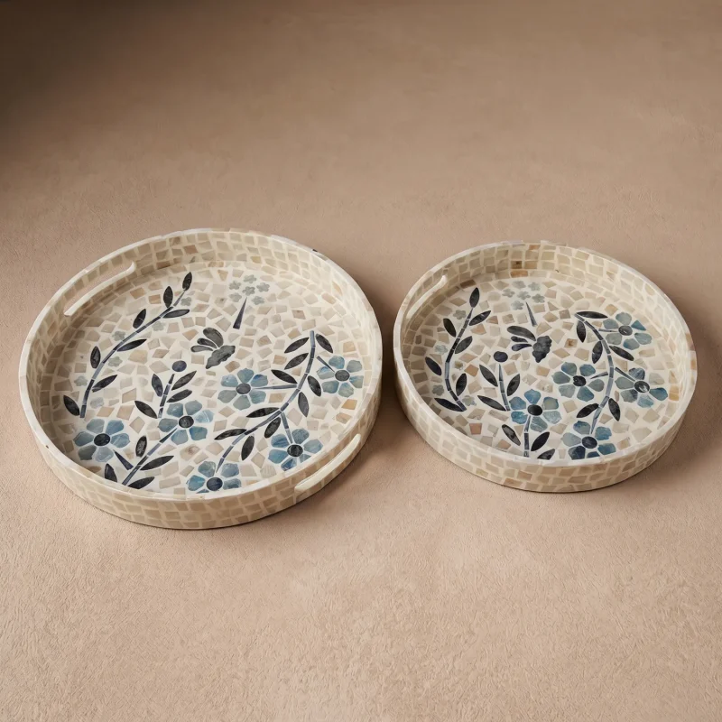 mother of pearl round tray blue windflower