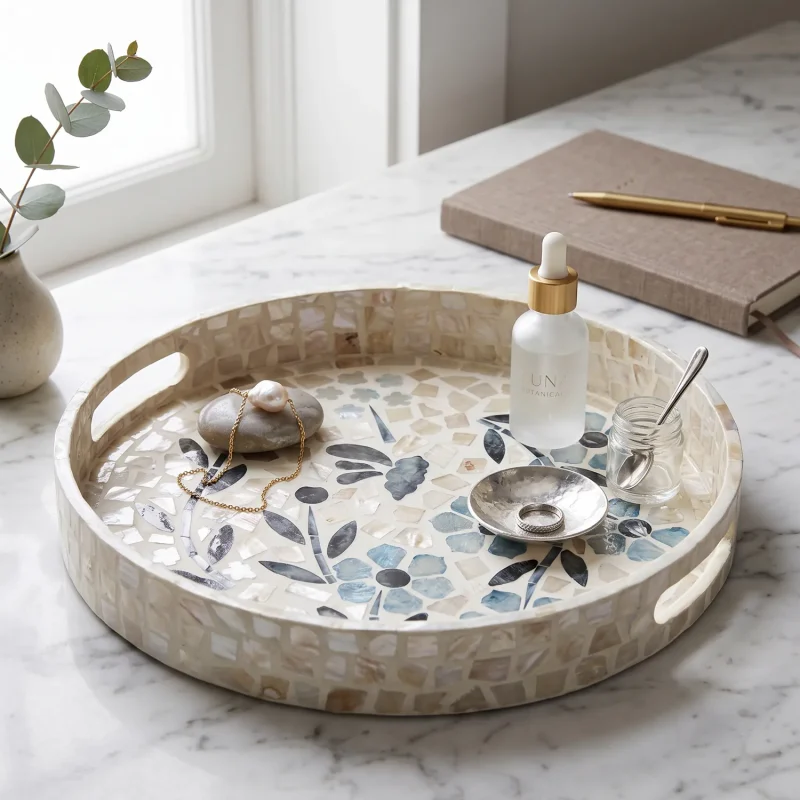 mother of pearl round tray blue windflower lifestyle