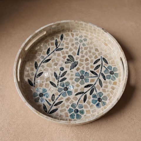 mother of pearl round tray blue windflower overhead