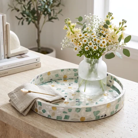 mother of pearl round tray daisy meadow lifestyle