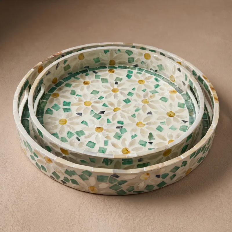 mother of pearl round tray daisy meadow nested