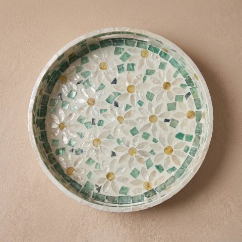 mother of pearl round tray daisy meadow overhead