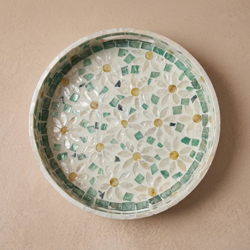 mother of pearl round tray daisy meadow overhead