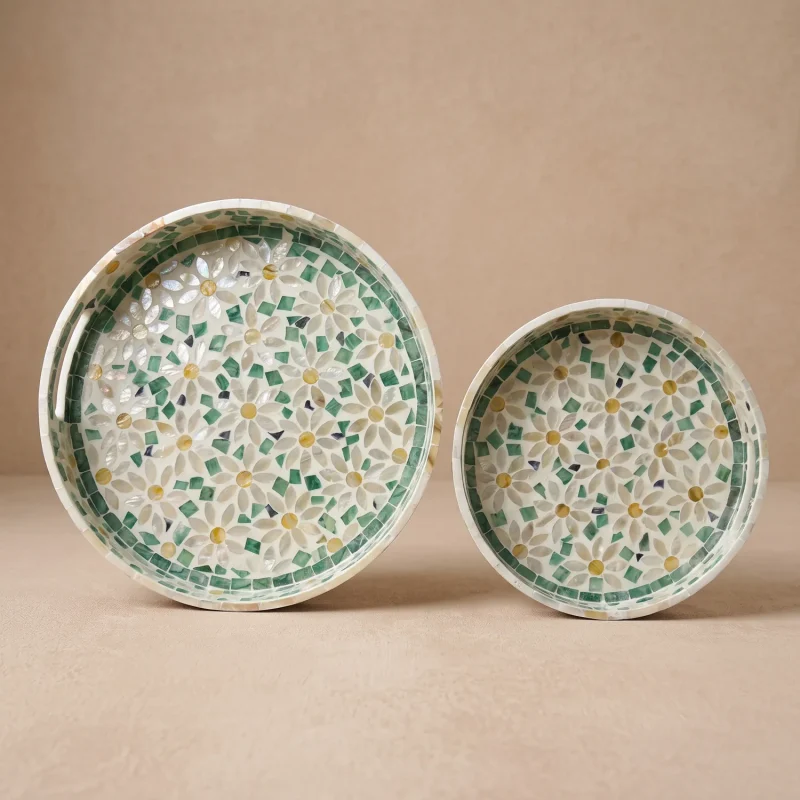 mother of pearl round tray daisy meadow overhead