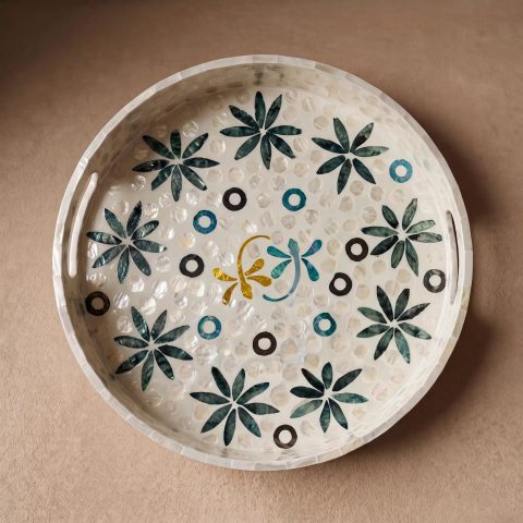 mother of pearl round tray dancing dragonflies overhead