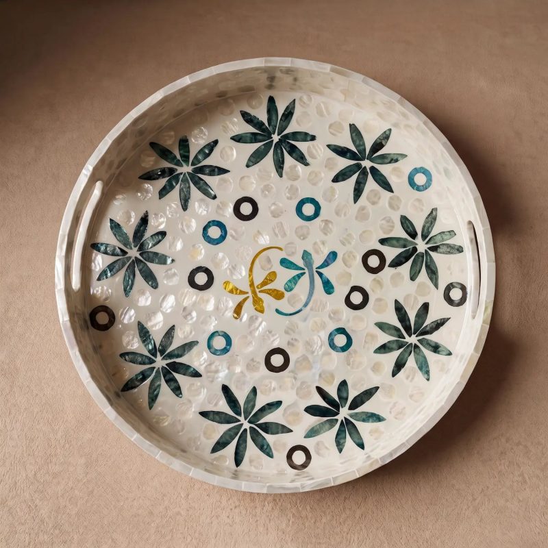 mother of pearl round tray dancing dragonflies overhead