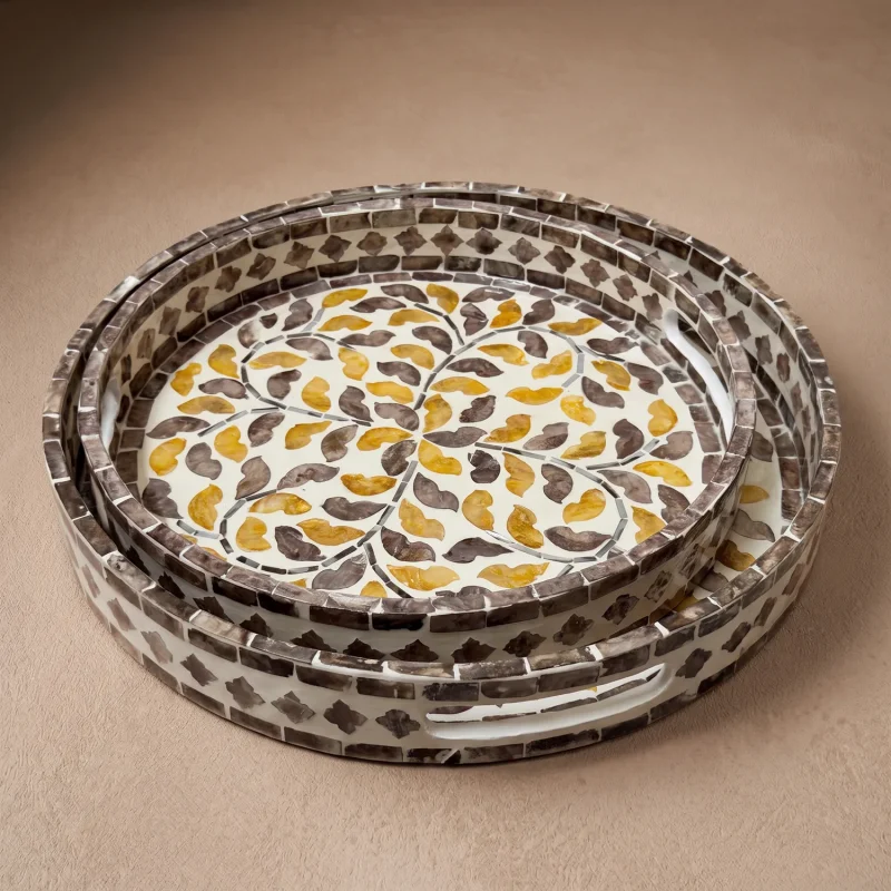 mother of pearl round tray golden thicket nested