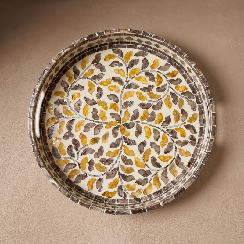 mother of pearl round tray golden thicket overhead